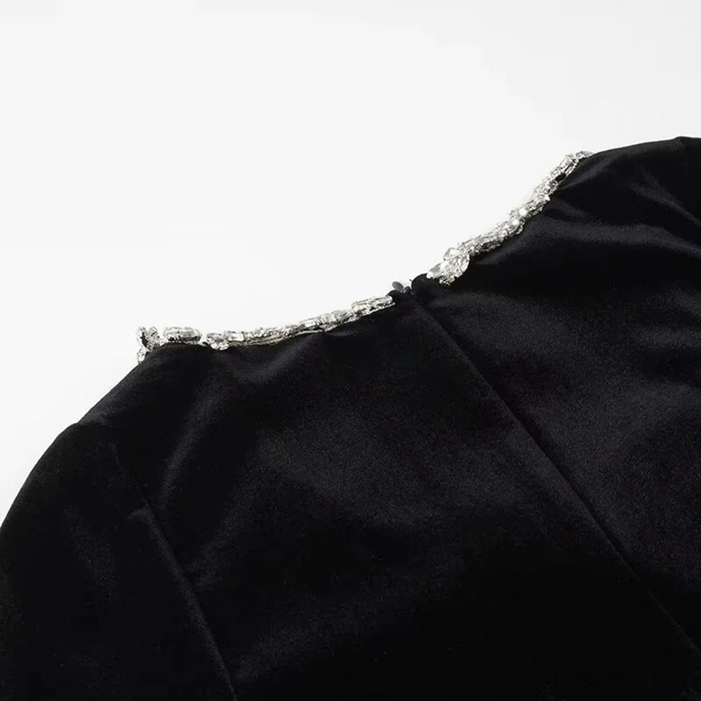 Beaded Mini Dress With Plunge Neckline And Long Sleeve