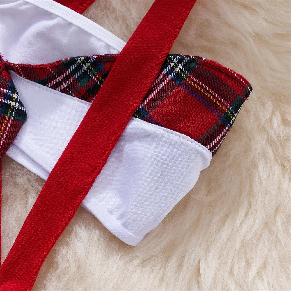 Sexy Student Cosplay Lingerie Set Hollow Cross Strap Crop Top with Mini Pleated Plaid Skirt Women's Uniform Pajama Costume