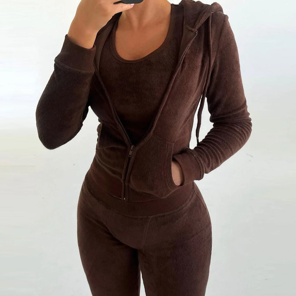 Women Thick Fleece 3 Piece Jogger Sweatsuit Set with Sweatpants, Vest and Hoodie for Fall and Winter