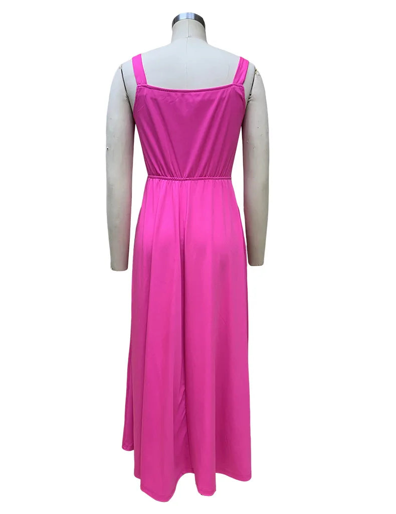 Spaghetti Strap Midi Dress With Side Slit And High Waist