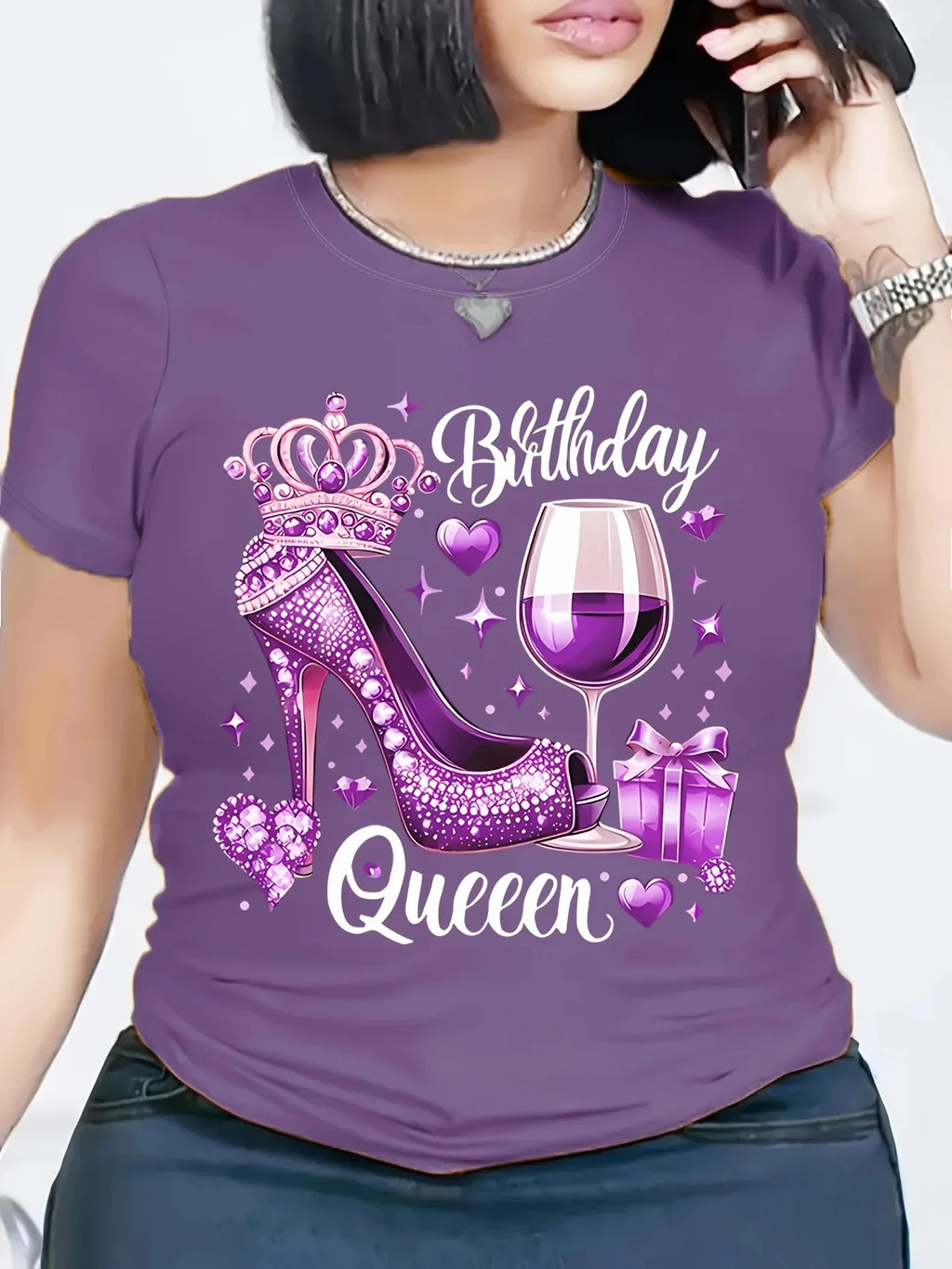 Red Birthday Queen T-Shirt with High Heels and Crown Wine Glass Pattern Casual Short Sleeve Round Neck Design