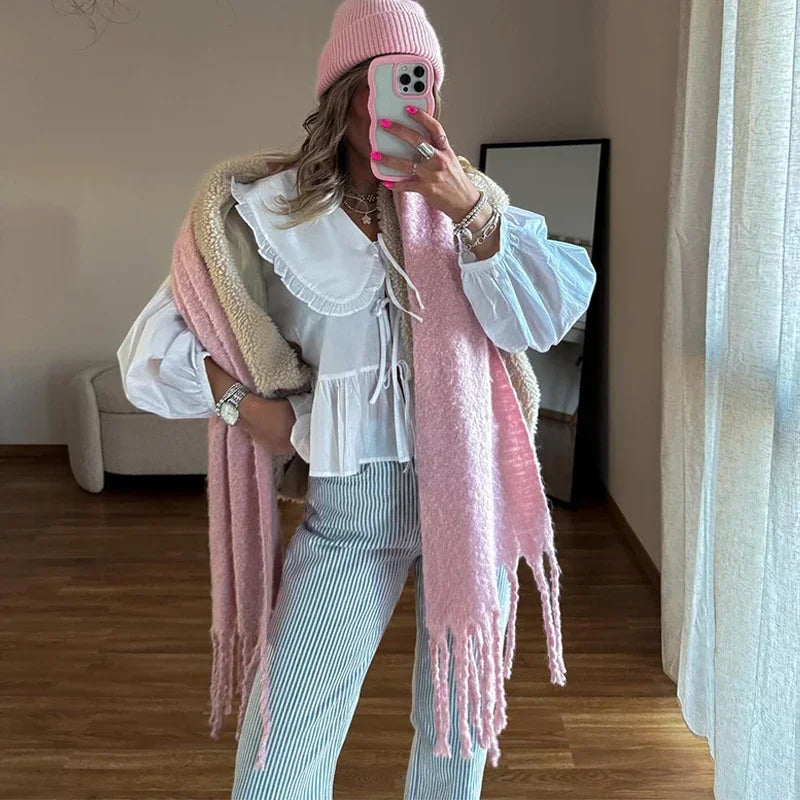 Women's Sweet Solid White Blouse with Front Bow Lace-Up Long Sleeves Elegant Casual Summer Top