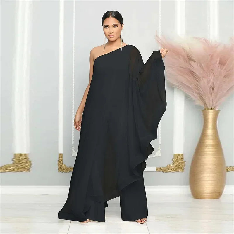 Elegant Chiffon One Shoulder Wide Leg Jumpsuit for Women Evening Party Birthday Romper Overalls Stylish One Piece Combinaison Femme