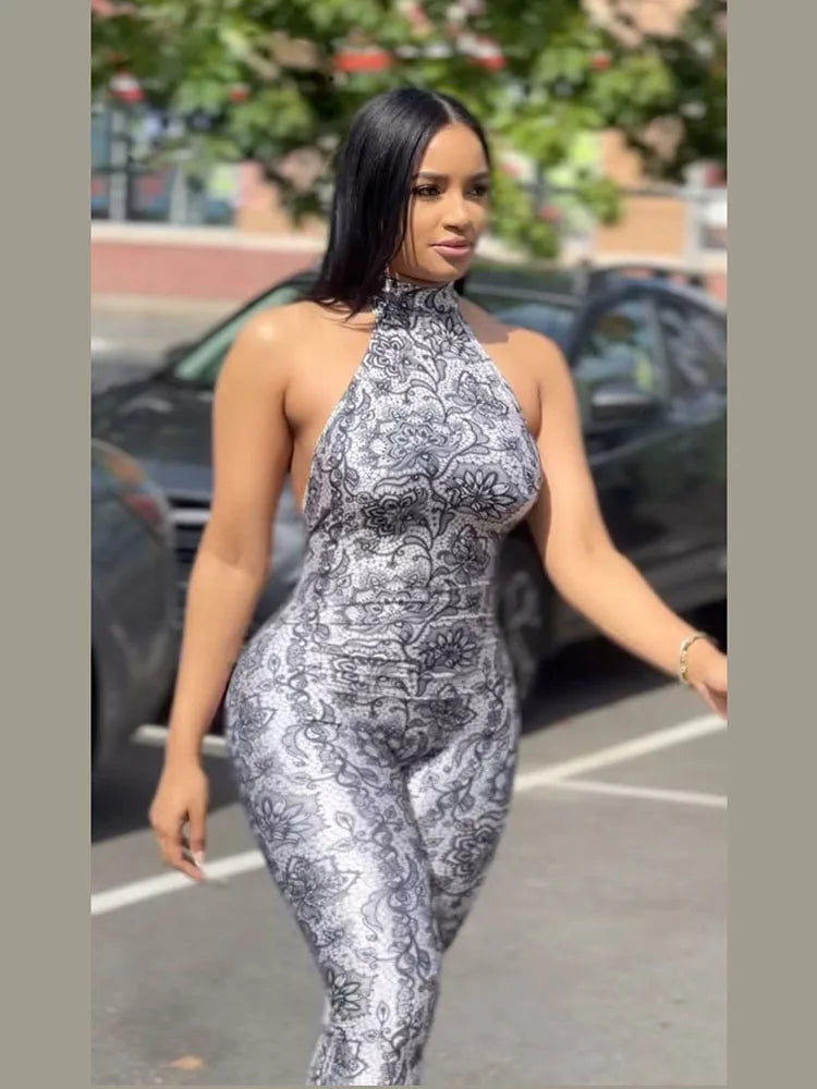 Attractive Y2K Women Jumpsuit Fashion Print Halter Neck Backless High Collar Off Shoulder Overalls for Nightclub Party