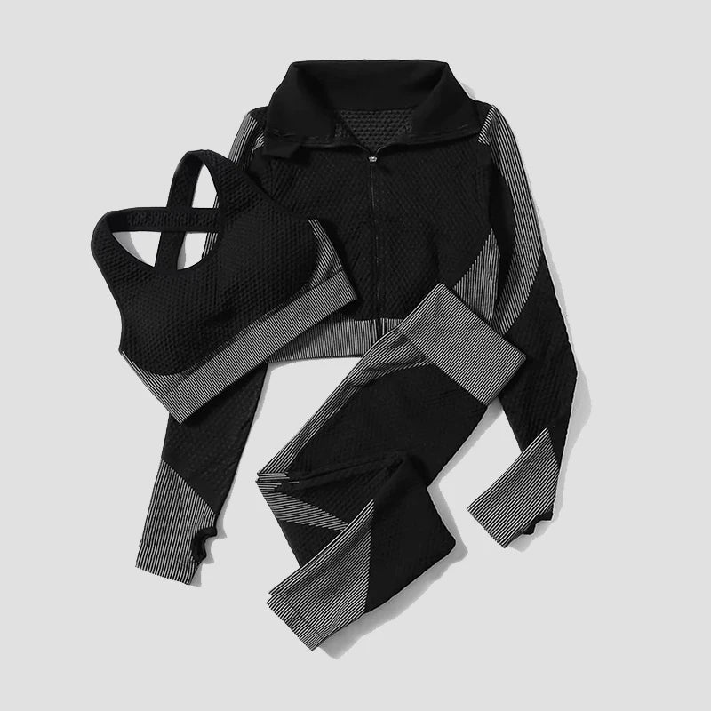 Seamless Women Yoga Suit with High Waist Leggings and Long Sleeve Crop Top Fitness Set