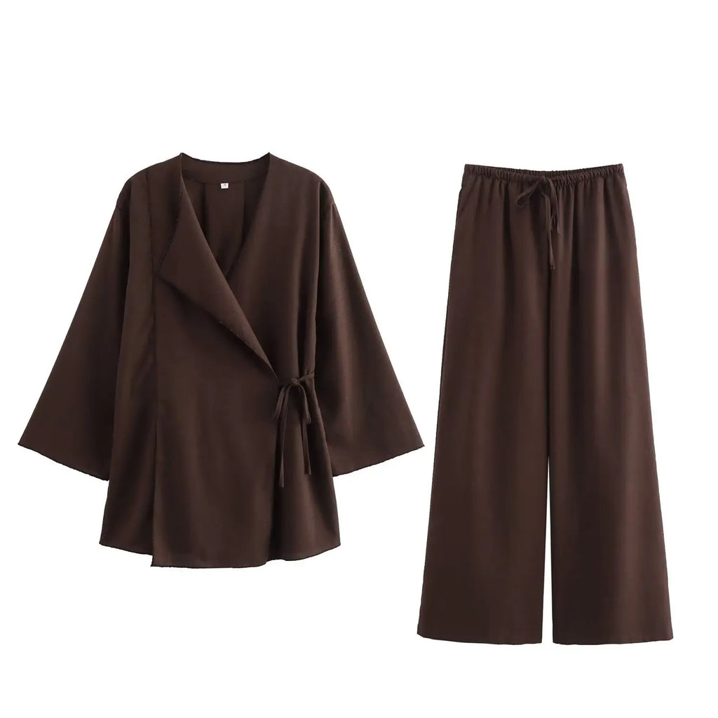 Casual Chic Solid Two Piece Women Set with Long Sleeve Kimono Jacket and Pants Nightwear Suit