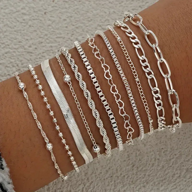 11pcs Chic Snake Chain Bracelet Set for Women Elegant Boho Jewelry with Heart and Geometric Designs
