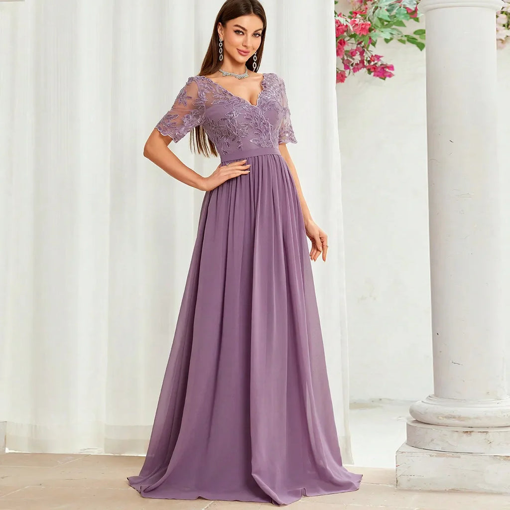 V Neck Embroidered Lace Chiffon Maxi Dress with Sleeves