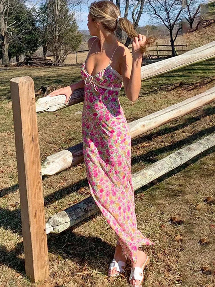 Floral Spaghetti Strap Sleeveless Dress For Women Slim Fit