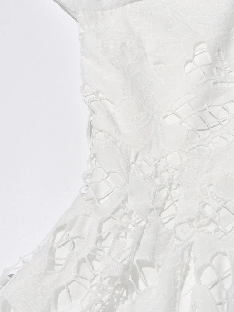 Patchwork Lace Hollow Dress Belted Lantern Sleeve For Women