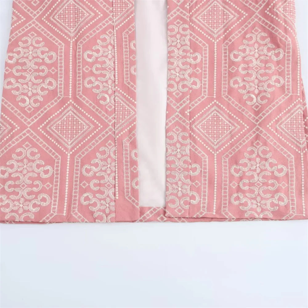 V-Neck Embroidered Kimono Style Mid-Length Windbreaker and High Waisted Straight Leg Pants Set for Women