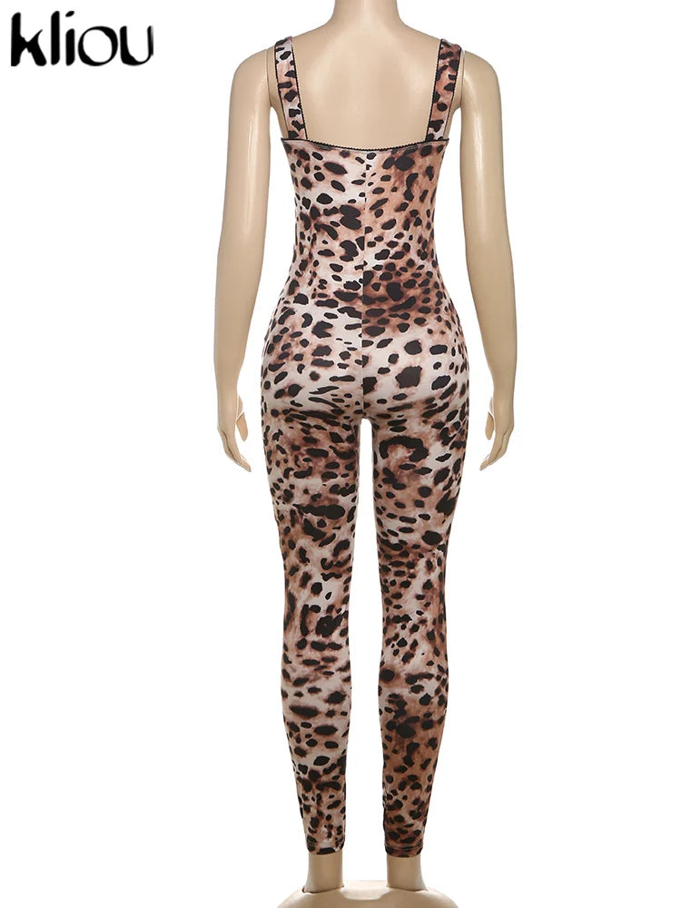 Leopard Print Women Jumpsuit Sexy Low Neck Spaghetti Strap Skinny Fit Clubwear Overalls