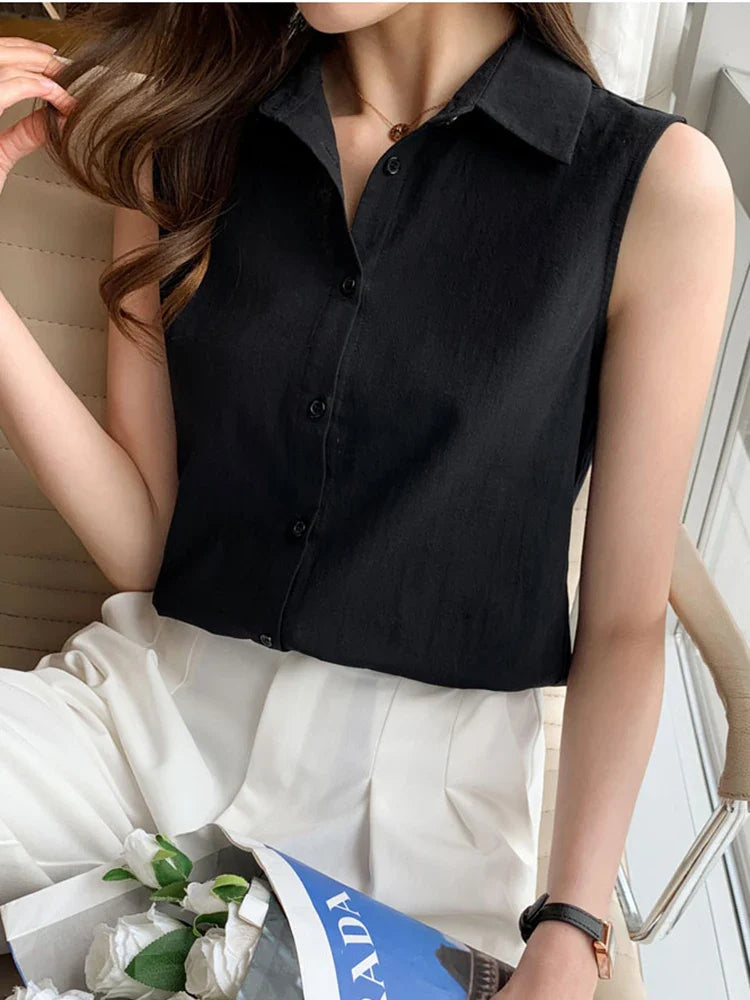 Sleeveless Turn-Down Collar Blouse for Women Elegant OL Style Workwear Shirt Lightweight Summer Top
