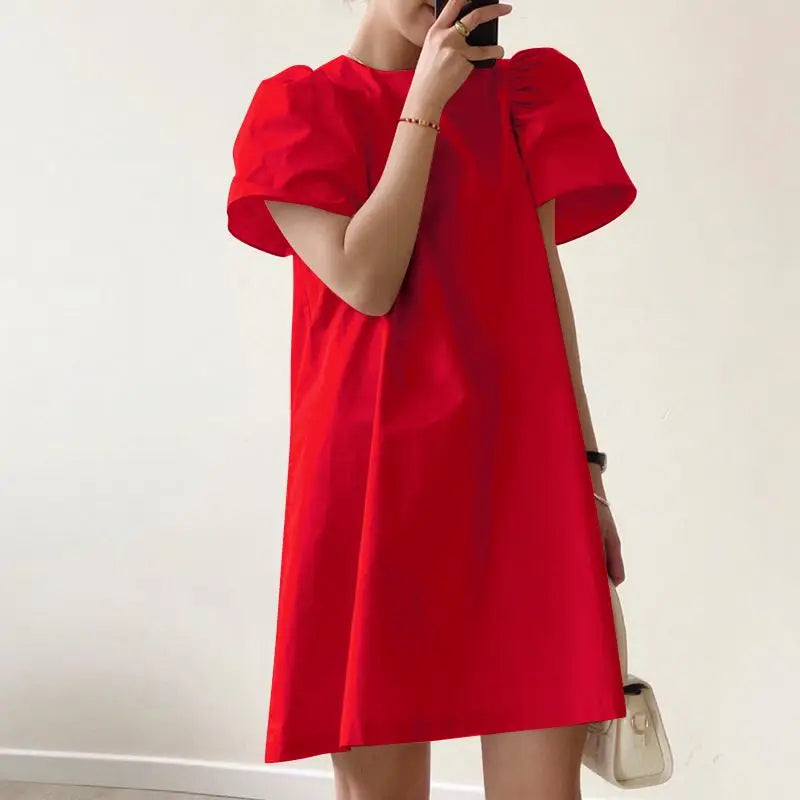 Summer Women Sundress Mini Pleated Puff Sleeve Dress