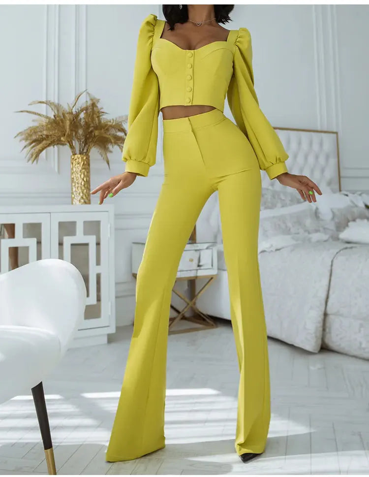 Solid Color Casual Two Piece Set with V-neck Button Lantern Sleeve Top and High Waist Flare Pants for Women