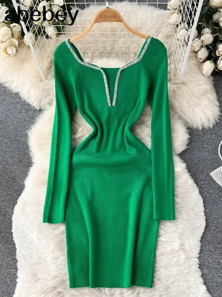 Knit Bodycon Dress For Women Long Sleeve Winter Sweater