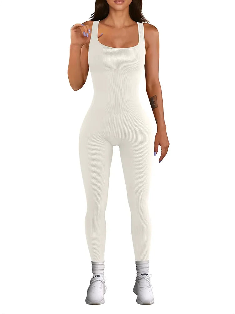 Women's Sleeveless Ribbed Yoga Jumpsuit with Square Neck and High Waist One-Piece Fitness Sports Vest