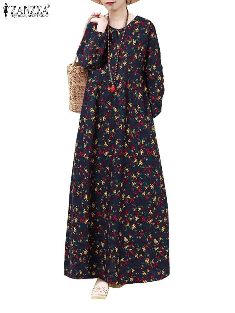 Boho Floral Print Maxi Dress With Long Sleeves Casual