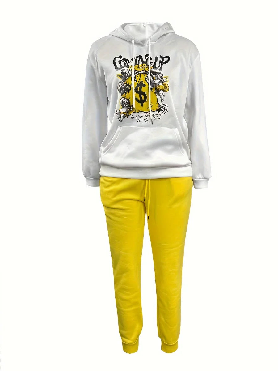 Kangaroo Pocket Hooded Tracksuit for Women - Casual Patchwork Long Sleeve Sweat Outfit