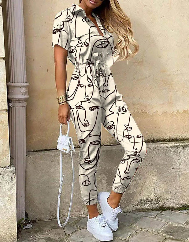 Summer Casual Women's Jumpsuit with Lapel Collar Printed Waistband and Stylish Buckle Detail