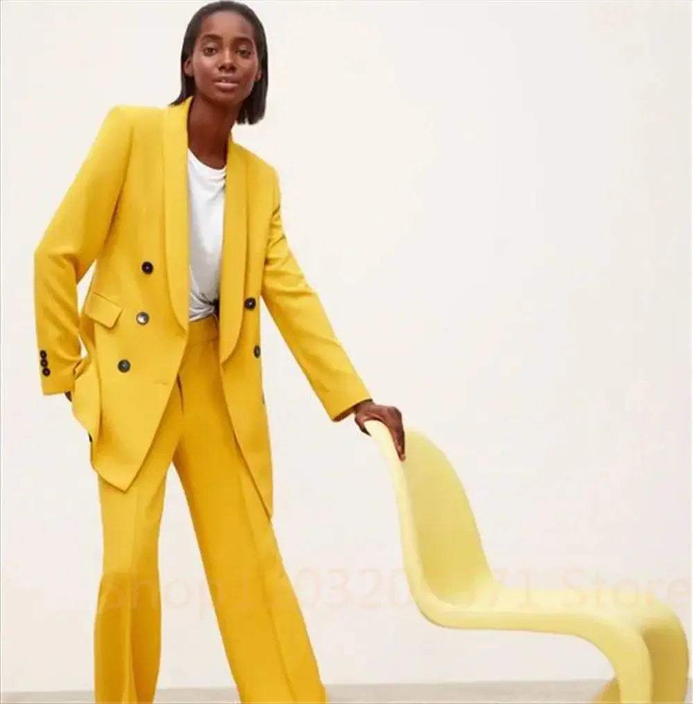 Plus Size Yellow Pantsuit for Women Double Breasted Blazer