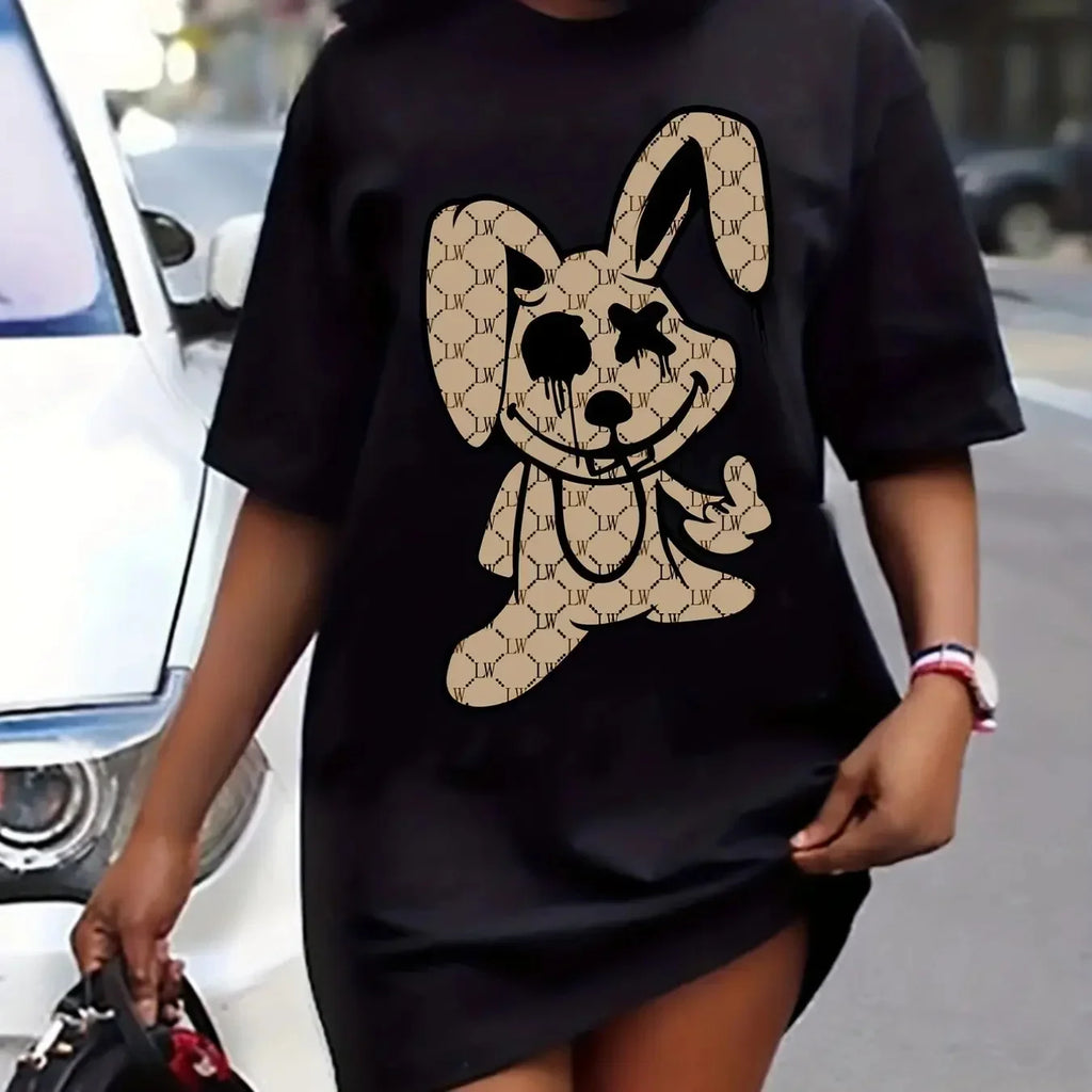 Oversized Rabbit Print Round Neck T Shirt Dress For Women