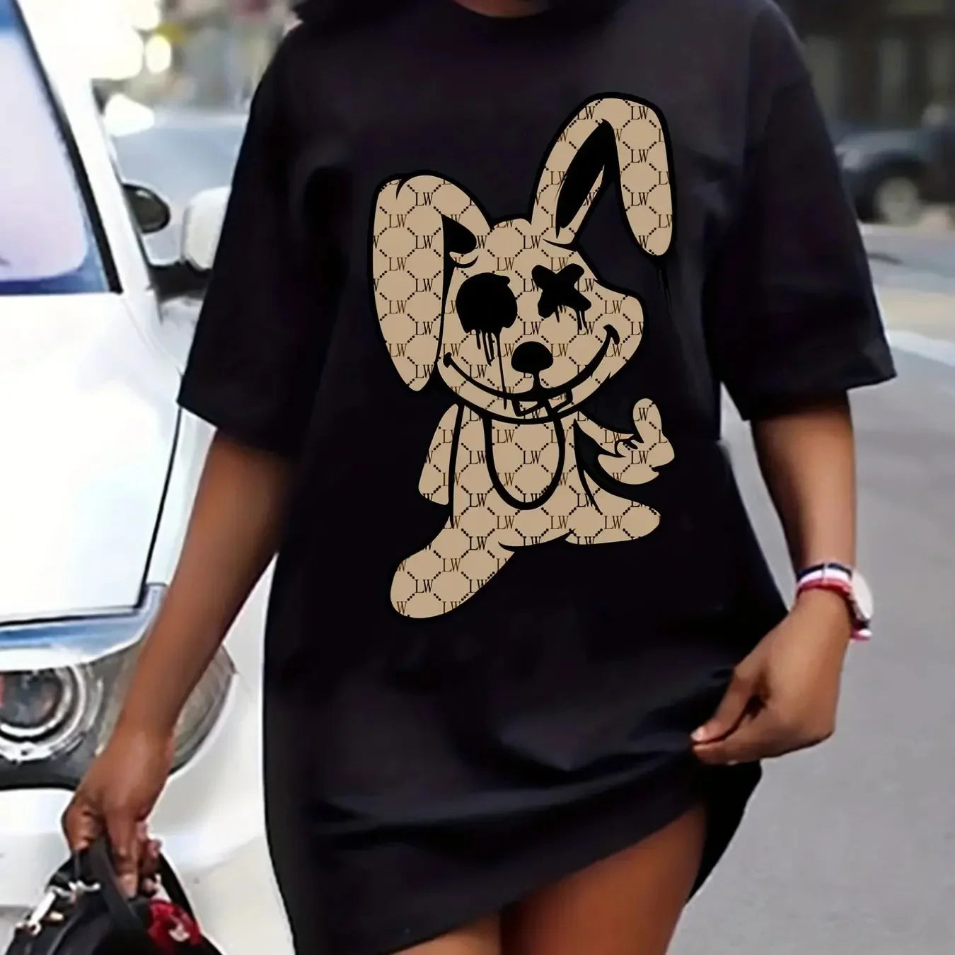 Oversized Rabbit Print Round Neck T Shirt Dress For Women