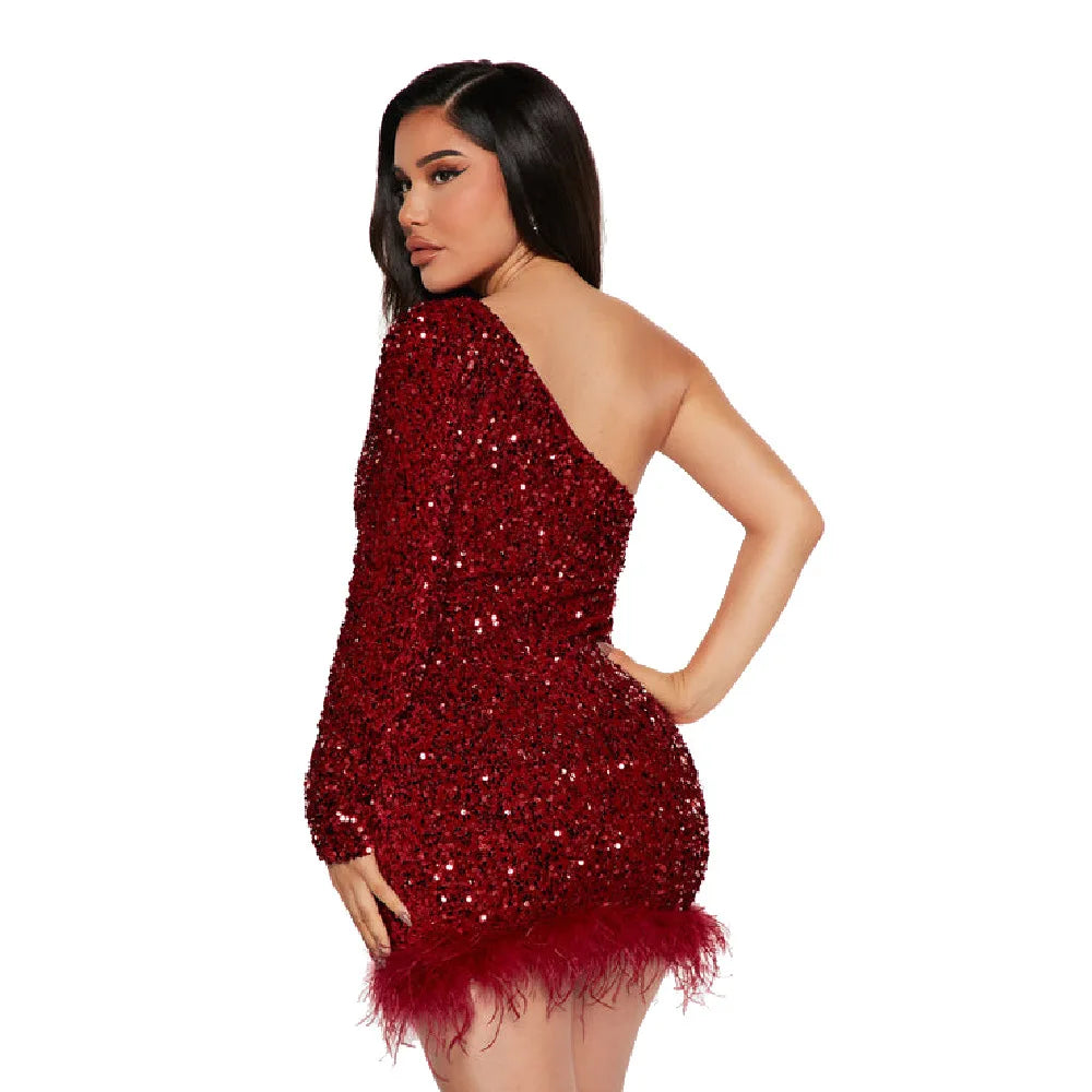 Elegant Off Shoulder Sequin Party Dress Long Sleeve