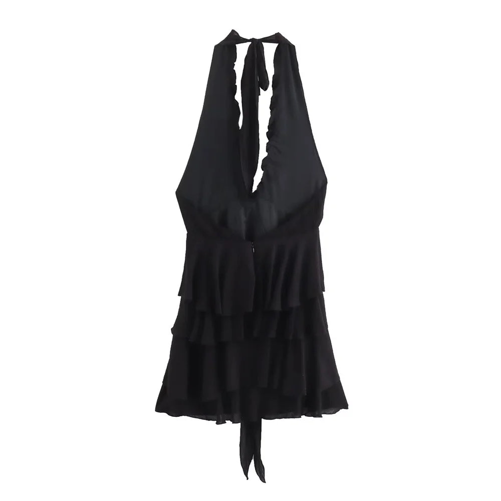 Backless Summer Dress Black Floral Layered V Neckline