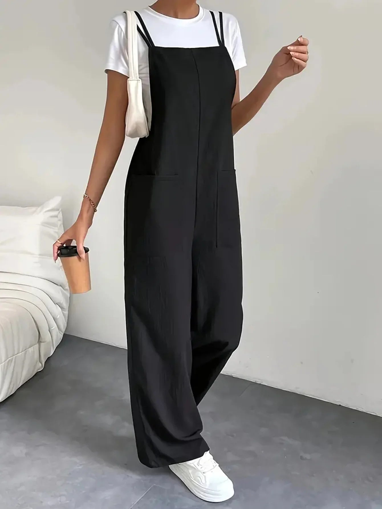 Casual Women's Pure Black Jumpsuit with Pockets and Adjustable Shoulder Straps Slim Fit Straight Leg Wide Leg Workwear Pants