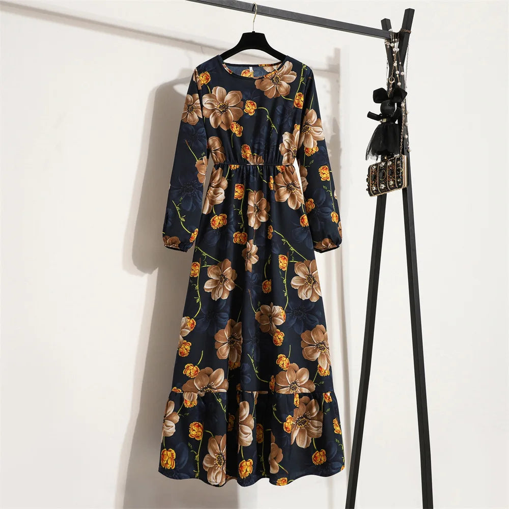 Bohemian Floral Maxi Dress High Waist Chiffon Long Sleeves