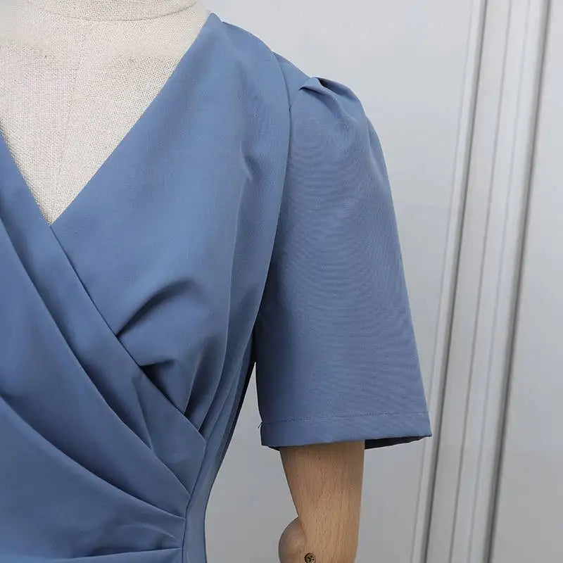 Elegant Women Office Dress V Neck Solid Color Short Sleeve