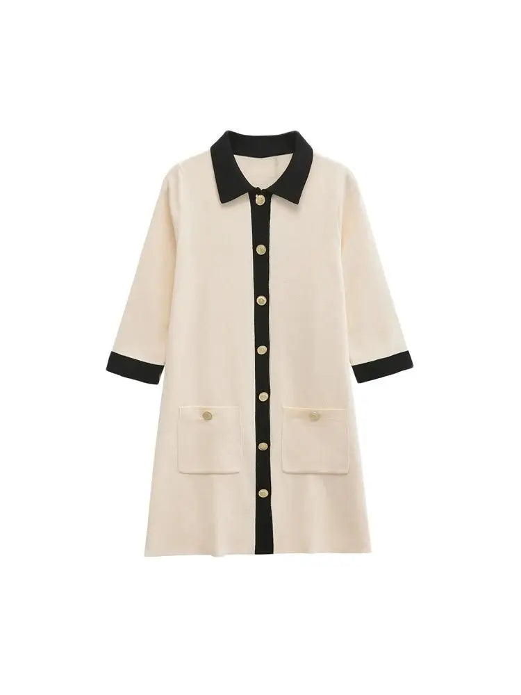 Knitted Mini Dress With Pockets And Golden Buttons For Women