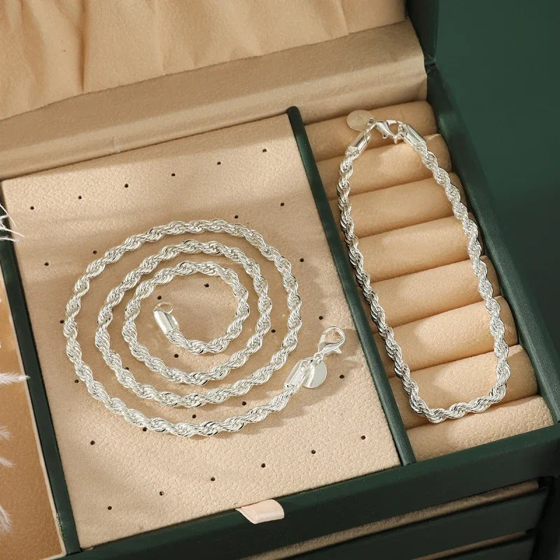 925 Sterling Silver Twisted Rope Chain Necklace and Bracelet Set for Men and Women High Quality Jewelry