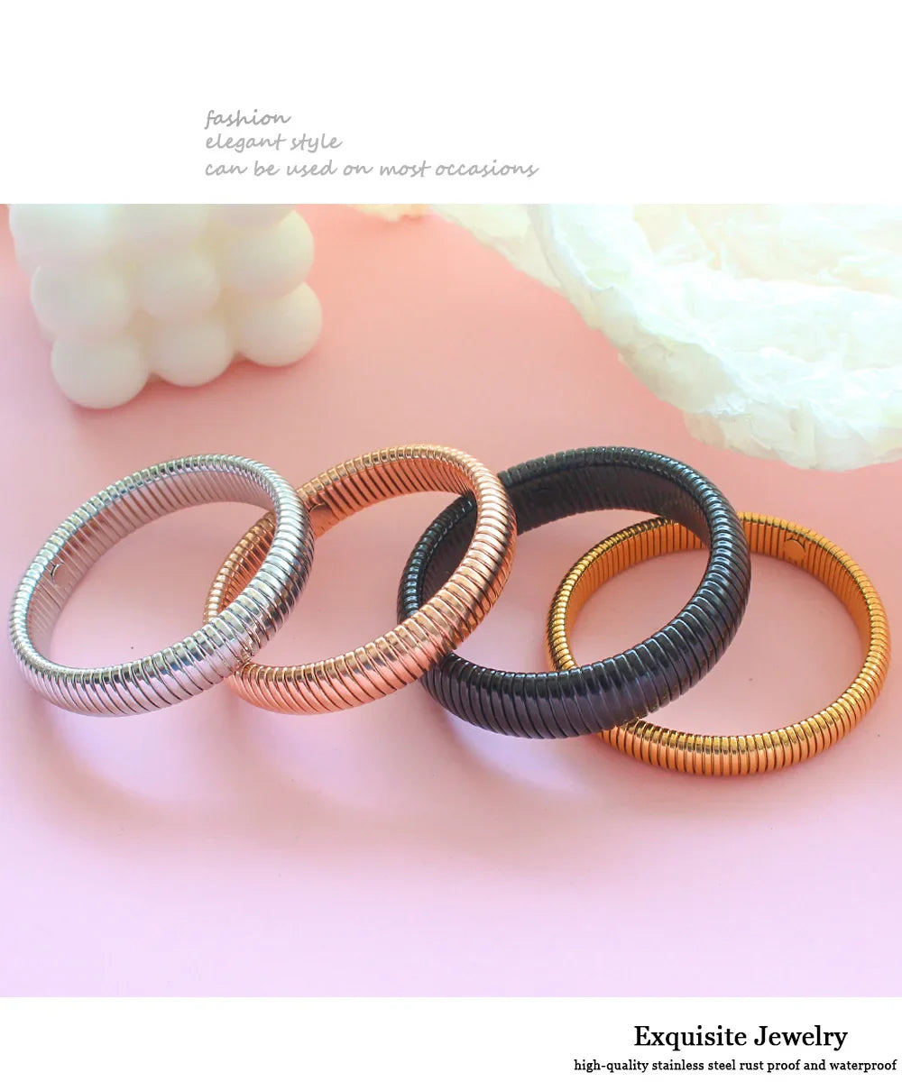 304L Stainless Steel Elastic Bracelet for Women with 18k Gold Plated Charm Wide Chunky Metal Spiral Bangle Waterproof Fashion Jewelry