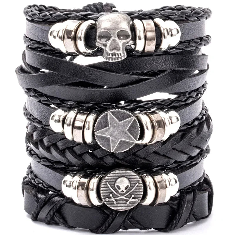 Punk Style Evil Eye Skull Bracelet Set with Adjustable PU Leather and Beads - 4/5/6 Pieces