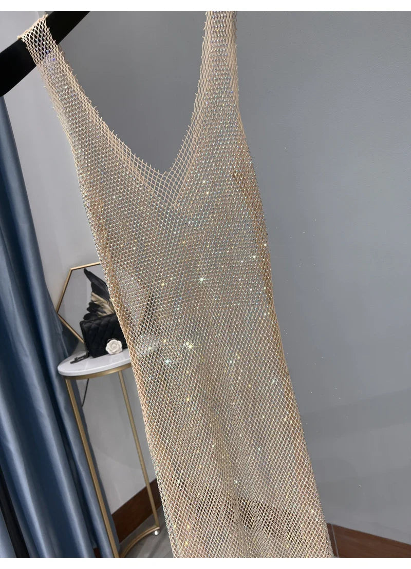 Rhinestone Party Dress Deep V Neck Mesh Club Wear For Women