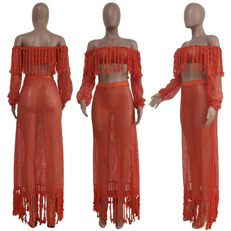 Fringed Tassel Two Piece Women's Beachwear Set Crochet Hollow Out See Through Crop Top and Long Skirt Vacation Outfit