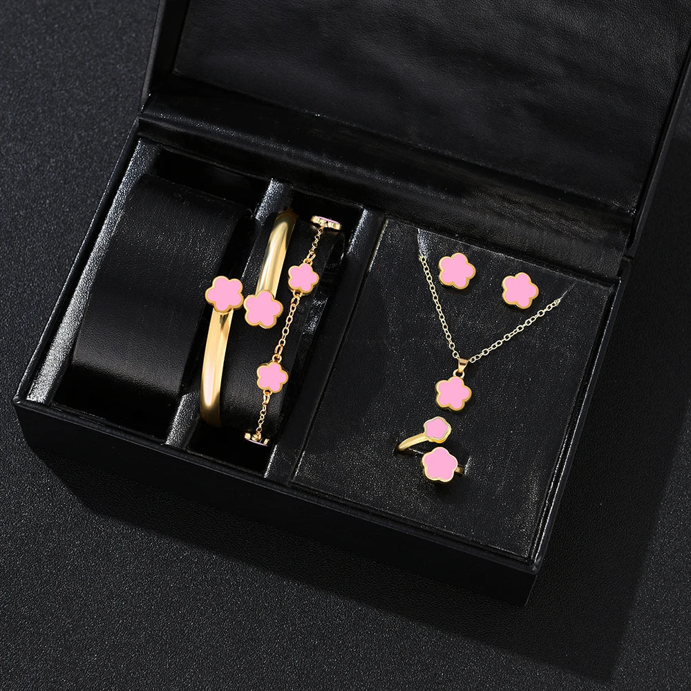 5pcs Women's Flower Jewelry Set with Bracelet Necklace Earrings and Ring