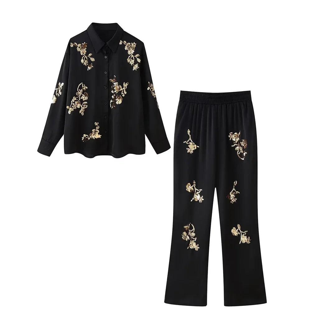 Women's Satin Texture Sequin Embroidered Shirt and High Waist Long Pants Set