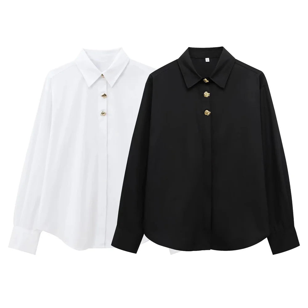Solid Color Casual Collar Long Sleeve Poplin Shirt for Women with Gold Buckle Accent and Loose Fit