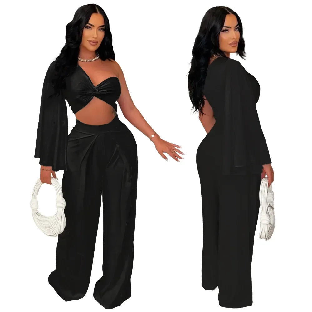 Women's Ruched One Shoulder Sleeve Crop Top and Wide Leg Pants Two Piece Set Outfit