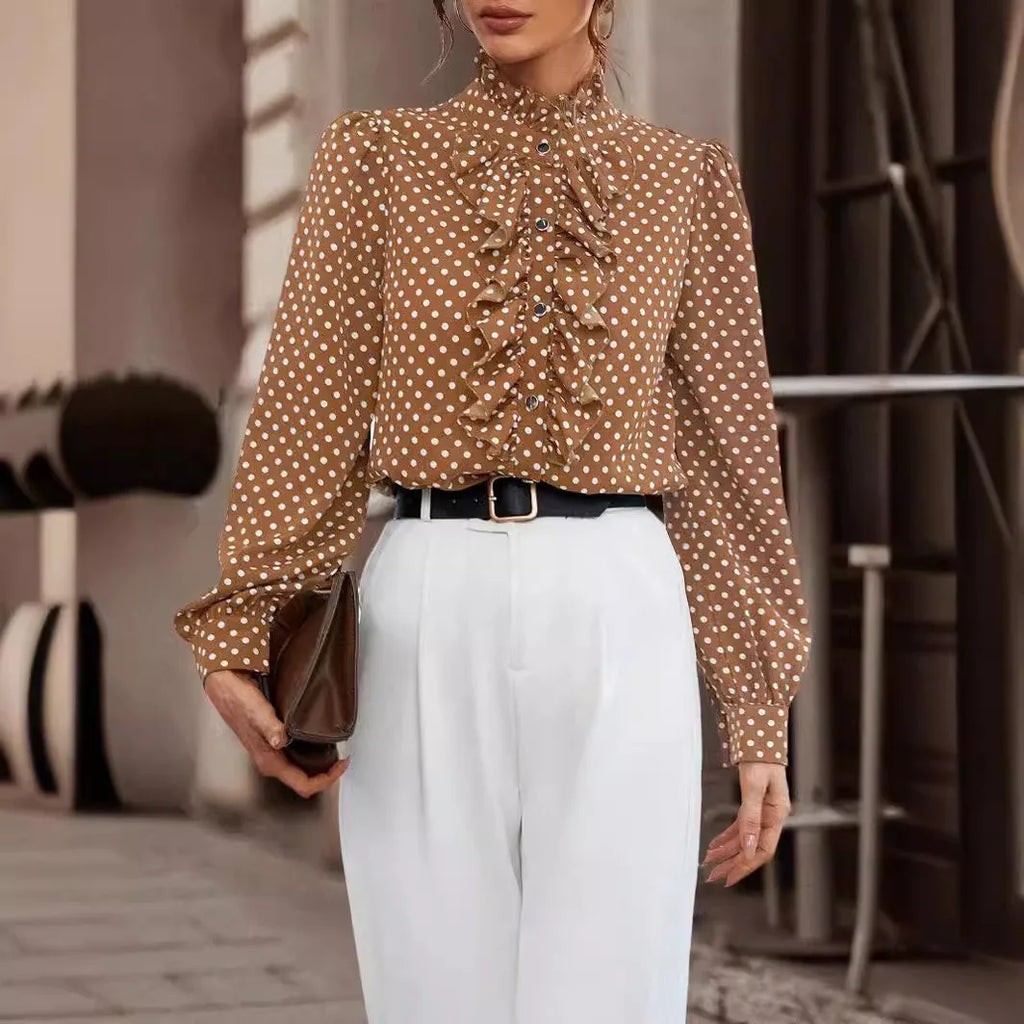 Long Sleeve Polka Dot Button Shirt for Women with Ruffle Detail Elegant Office Blouse Casual Fashion Top