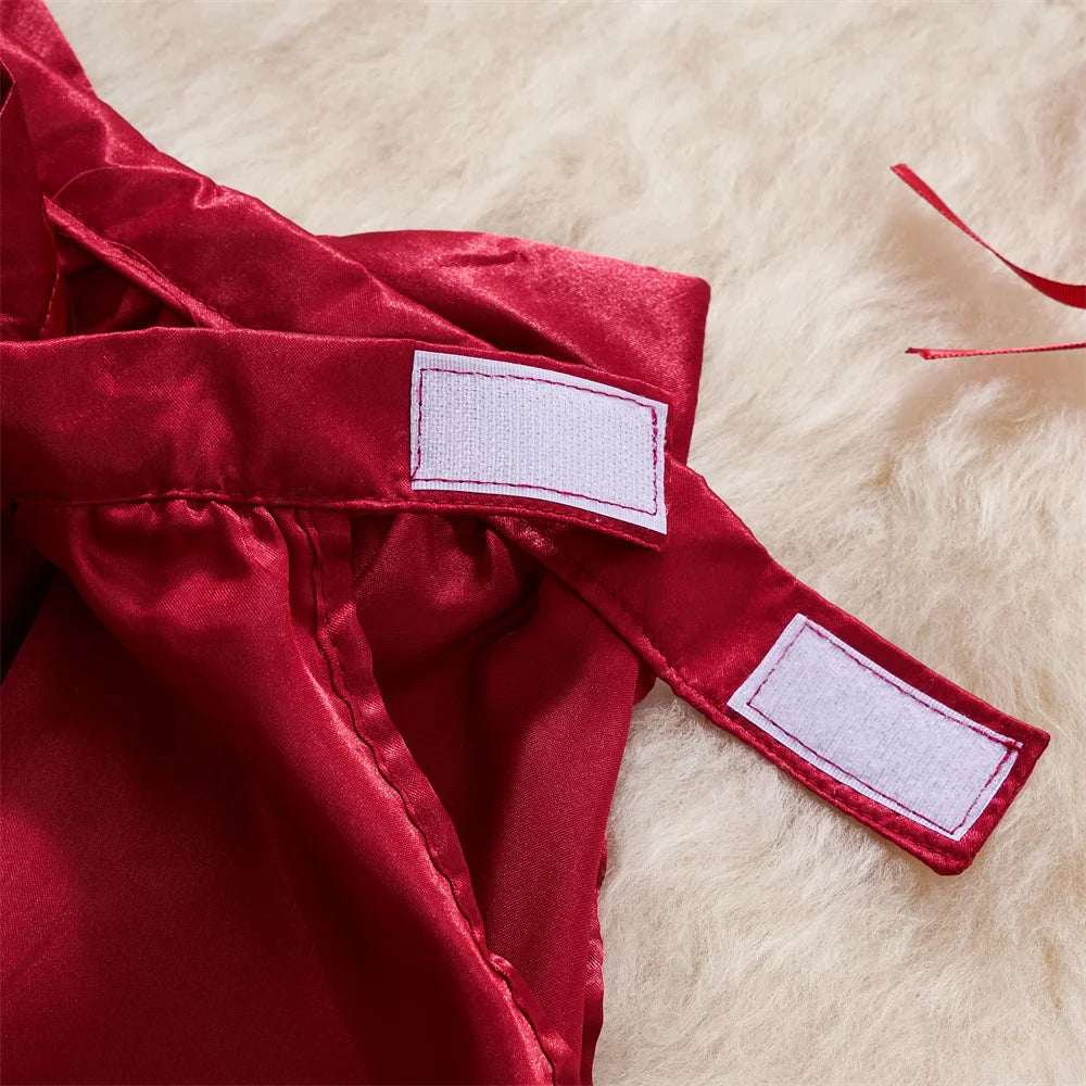 V-Neck Contrast Lace-Up Sheer Ruffle Petal Sleeve Crop Top with Sweet Bow and Red Mini Skirt Set Sexy Women's Sleepwear Pajama