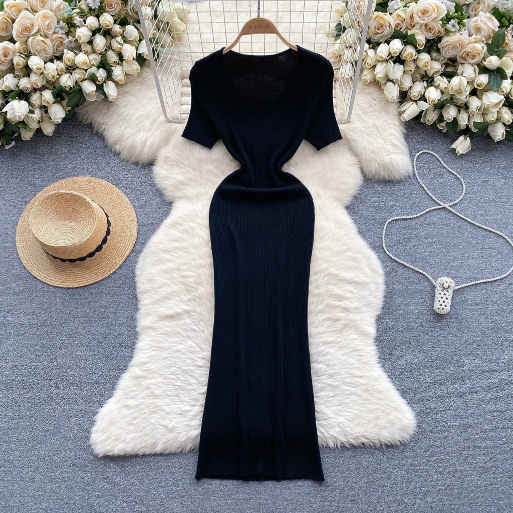 Summer Knit Bodycon Solid Dress for Women Short Sleeve Maxi