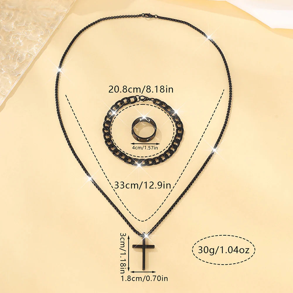 Men's Hip Hop Stainless Steel Cross Pendant Necklace Bracelet Ring Set