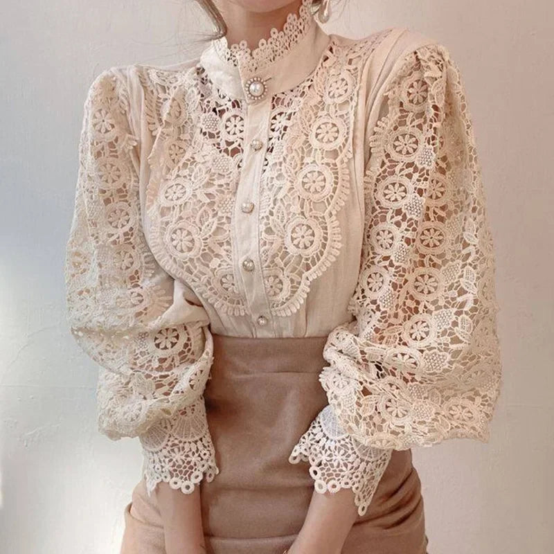 Vintage White Lace Blouse for Women Button Front Loose Fit Hollow Casual Shirt Top