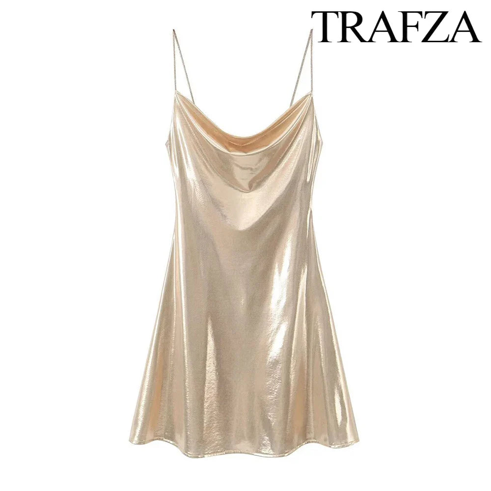 Metallic Glitter Backless Spaghetti Strap Dress For Party