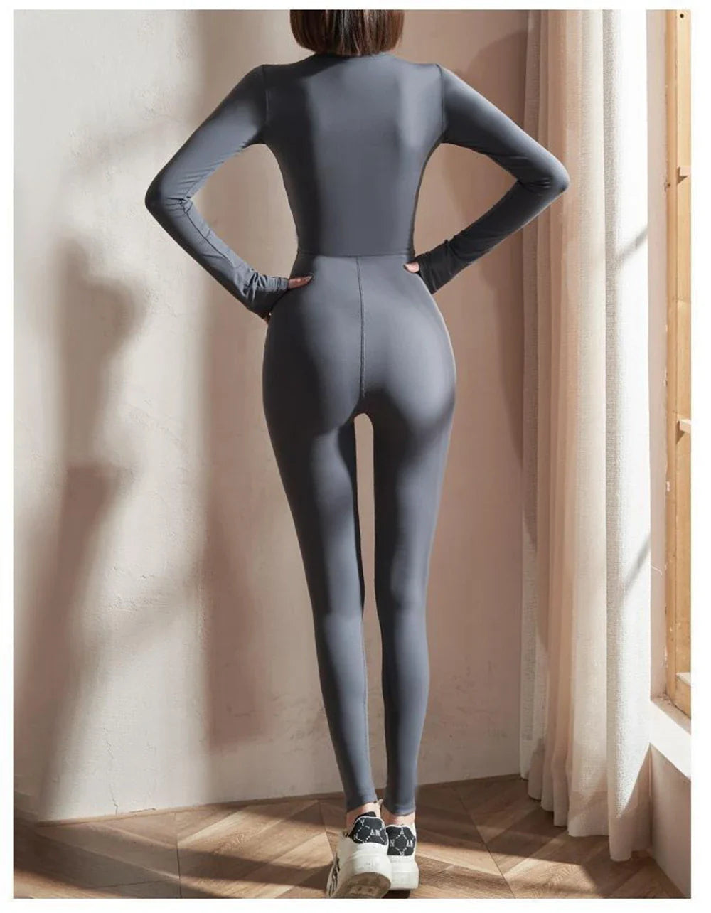 Womens Slim Fit Long Sleeve Yoga Jumpsuit Stretch One Piece Playsuit Romper with Front Zipper Athletic Fitness Activewear