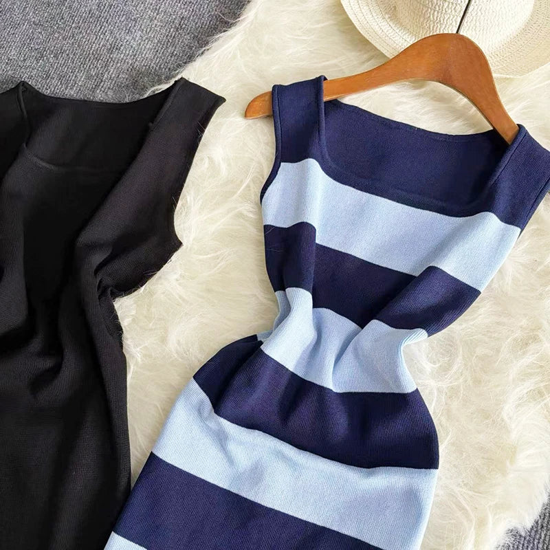 Striped Knitted Maxi Dress Square Neck Sleeveless Bodycon